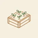 Raised garden bed framed with wooden boards, filled with soil and sprouting plants